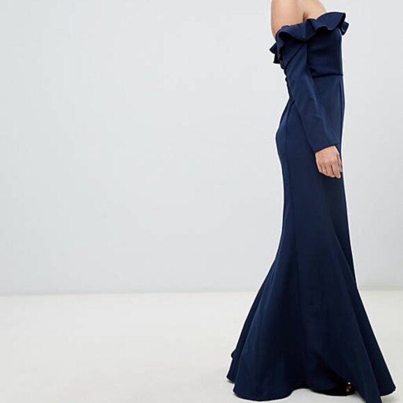 Yaura ASOS Frill Off Shoulder Fishtail Gown - Navy - Size 4 - Brand New BNWT - Picture 3 of 14